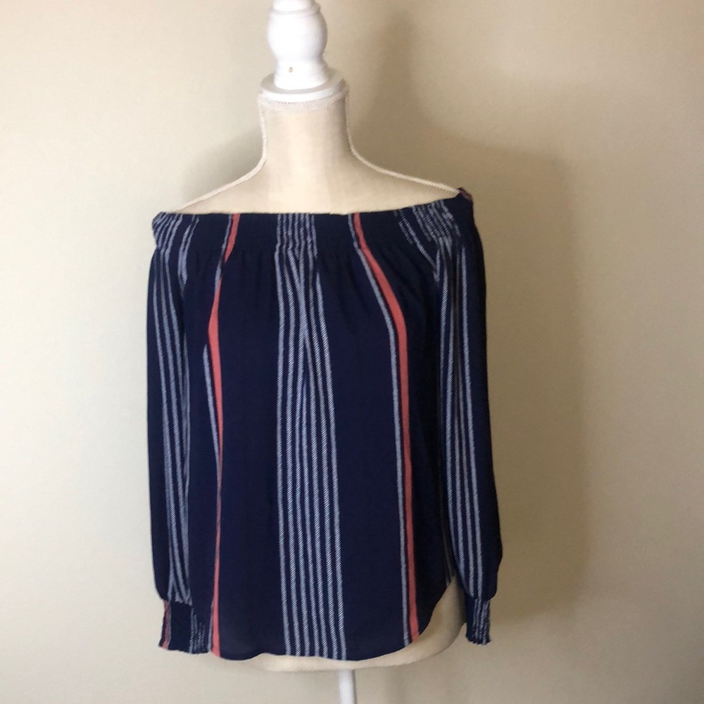 Navy blue, white and coral stripe off the shoulder blouse. - Picture 1 of 6